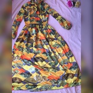 Yellow Long Sleeve Bow Neck Maxi Dress